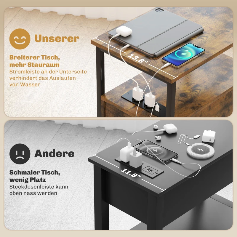 HOMCOM Bijzettafel met Oplaadstation, USB, Stopcontacten, 2 Laden en Plank voor Woonkamer, Slaapkamer