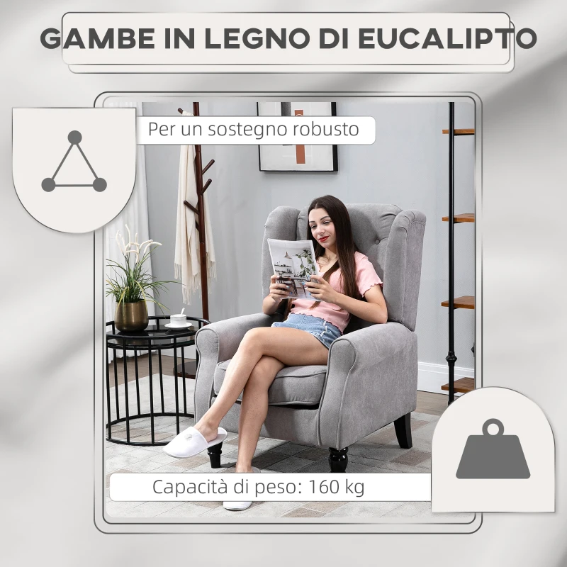 HOMCOM Poltrona Grigia in Stile Francese con Ampia Seduta, Gambe rivestite in Legno e Cuscini Sfoderabili