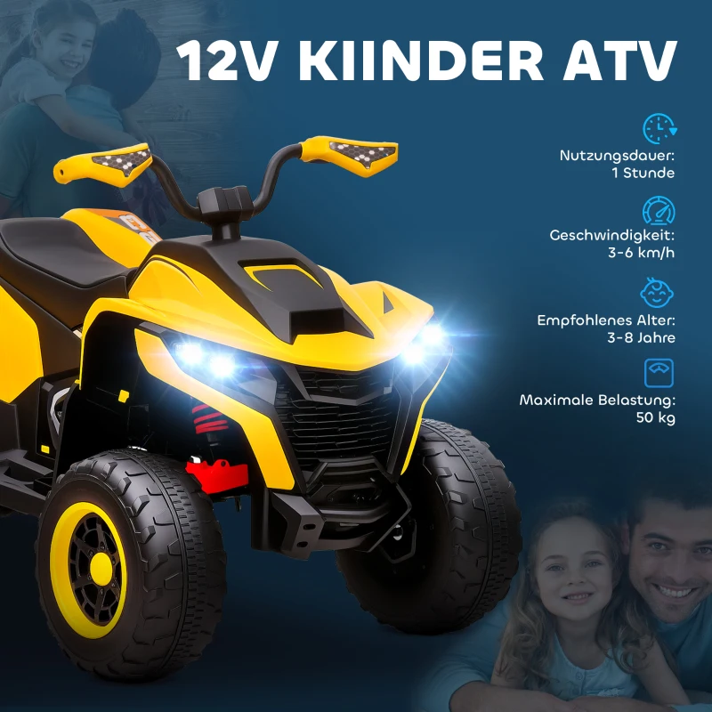 AIYAPLAY Elektrische Kinderquad, 3-6 km/u, LED-licht, Muziek, USB, 3-8 Jaar, Geel