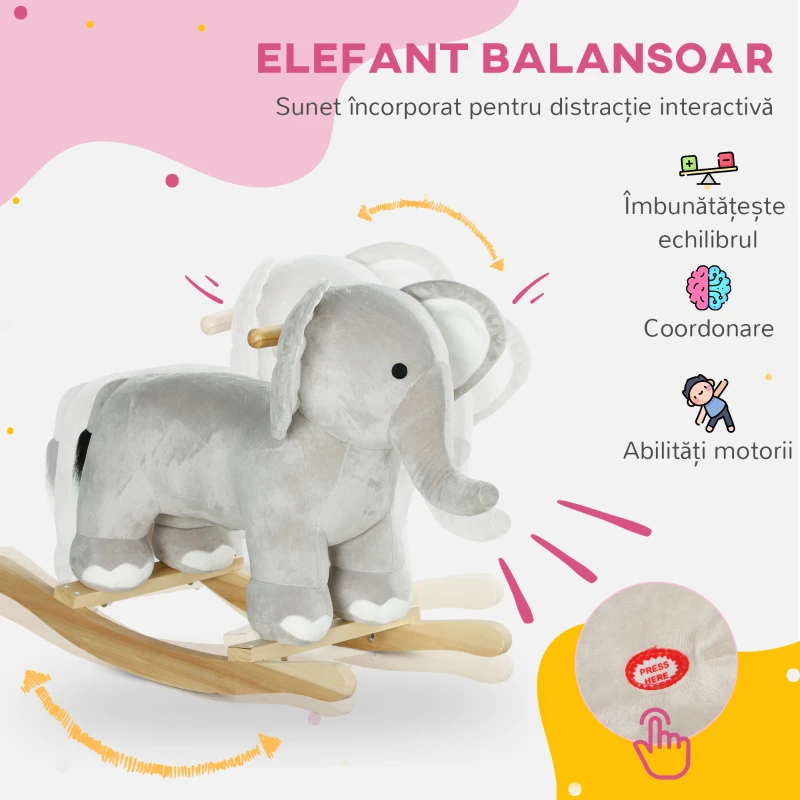 AIYAPLAY Balansoar în Formă de Elefant, Căluț Balansoar din Lemn cu Bază și Sunete Realistice, 64,5x31x52 cm, Gri
