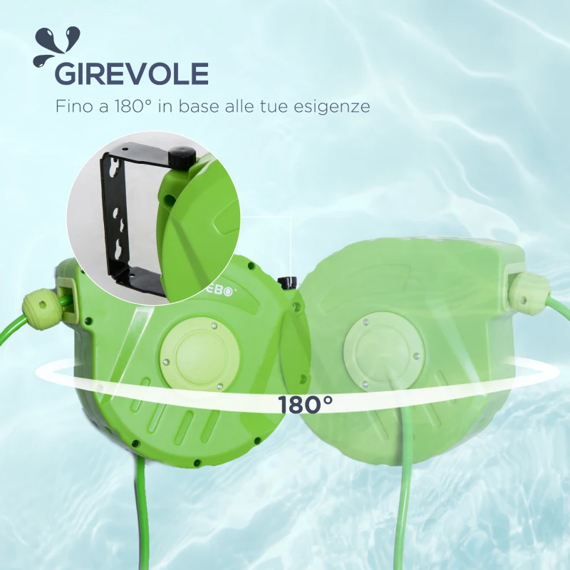 Outsunny Avvolgitubo a Parete Bloccabile e Retraibile in Plastica con Rotazione 180°, 35.5x11.5x27.5 cm, Verde