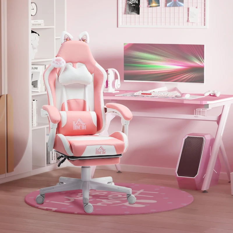 HOMCOM Gamingstoel met Kattenoren, Kantelbare Rugleuning, Uittrekbare Voetensteun, Tot 120 kg, Roze/Wit(m-2)