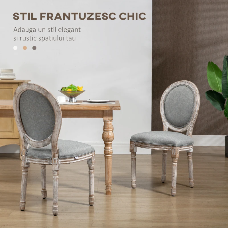 HOMCOM Set de 2 Scaune Vintage Fără Brațe, Scaune în Stil Franțuzesc cu Spătar Curbat și Tapițerie din In, 51x55x96, Gri