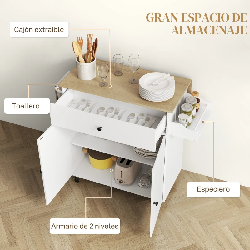 HOMCOM Isla de Cocina con Ala Abatible 2 Puertas Cajón Especiero Toallero y Estante Ajustable 106x42x87 cm Blanco y Roble
