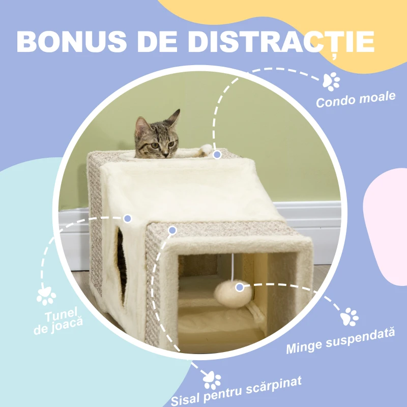 PawHut Tunel Pliabil pentru Pisici cu Căsuțe și Zgârâietori, Jucării cu Minge de Pluș și Sisal, 98x30x30 cm, Alb Crem