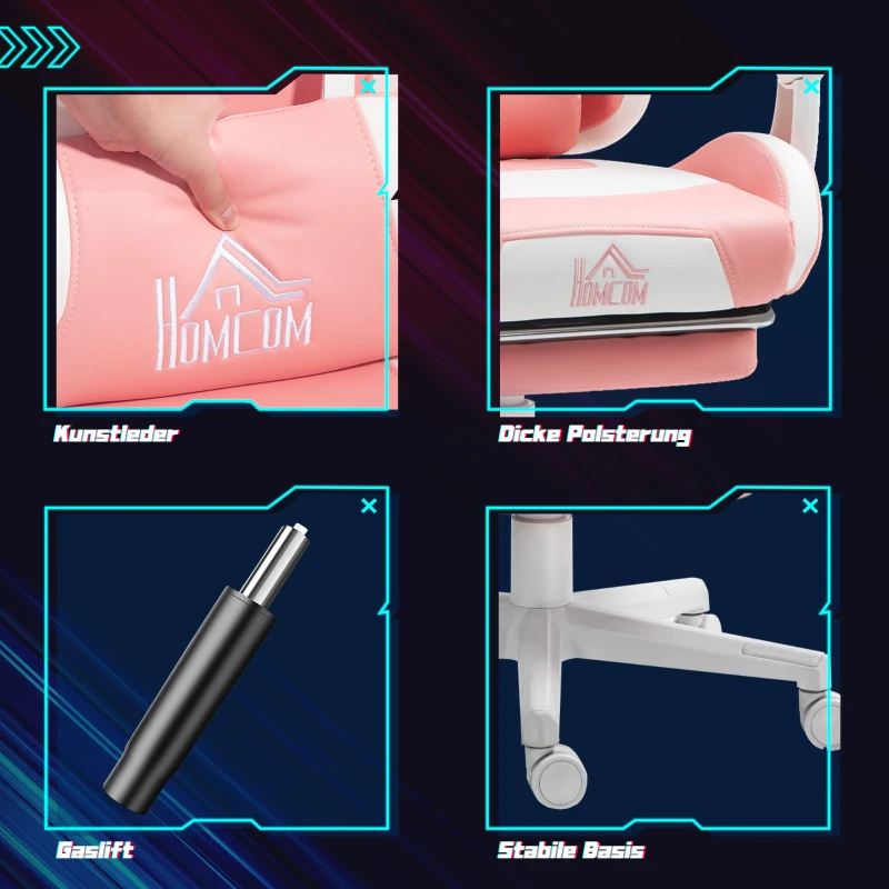 HOMCOM Gamingstoel met Kattenoren, Kantelbare Rugleuning, Uittrekbare Voetensteun, Tot 120 kg, Roze/Wit(m-8)