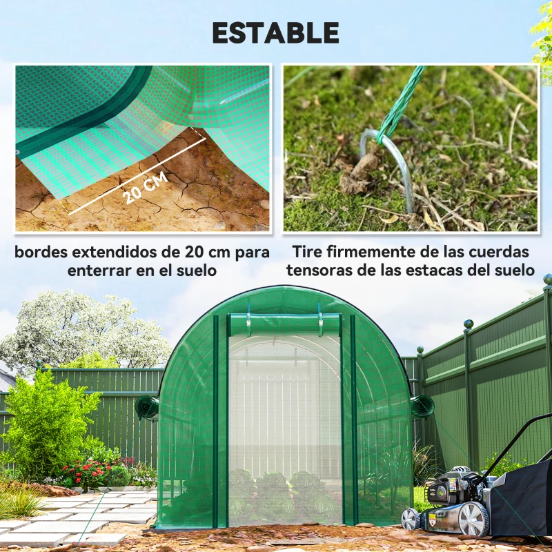 Outsunny Invernadero de Túnel 4,5x2x2 m con Cubierta PE 140 g/m² Paredes Laterales Enrollables 8 Ventanas y 2 Puertas Verde
