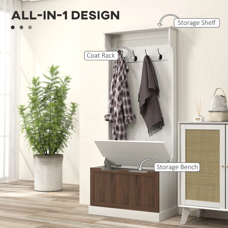 HOMCOM Cuier de Intrare 3 în 1 cu 4 Cârlige, Etajeră pentru Pantofi și Bancă Depozitare, 71,5x39,5x170 cm, Maro(m-4)
