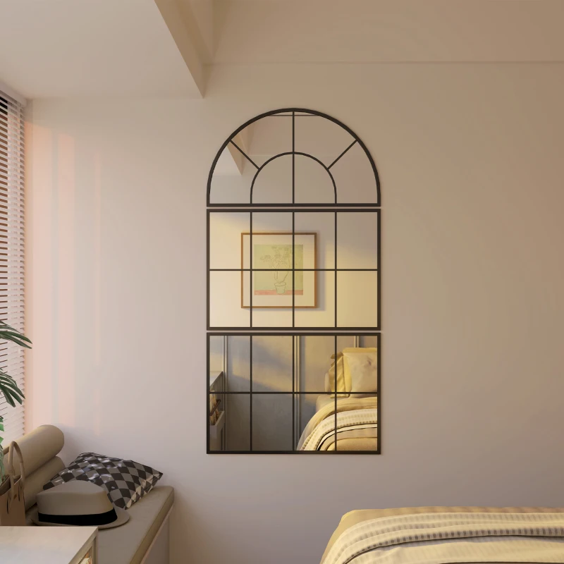 HOMCOM Oglindă de Perete Arcuită în Formă de Fereastră pentru Hol și Sufragerie cu 3 Agățători, 76x43 cm, Negru