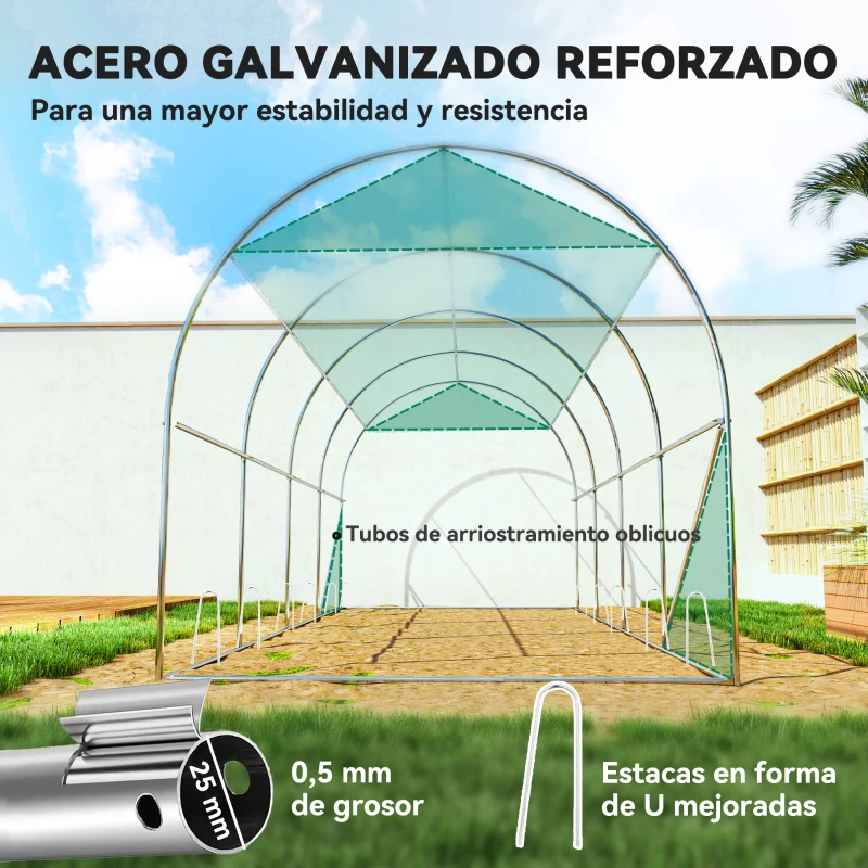 Outsunny Invernadero de Túnel 4,5x2x2 m con Cubierta PE 140 g/m² Paredes Laterales Enrollables 8 Ventanas y 2 Puertas Verde