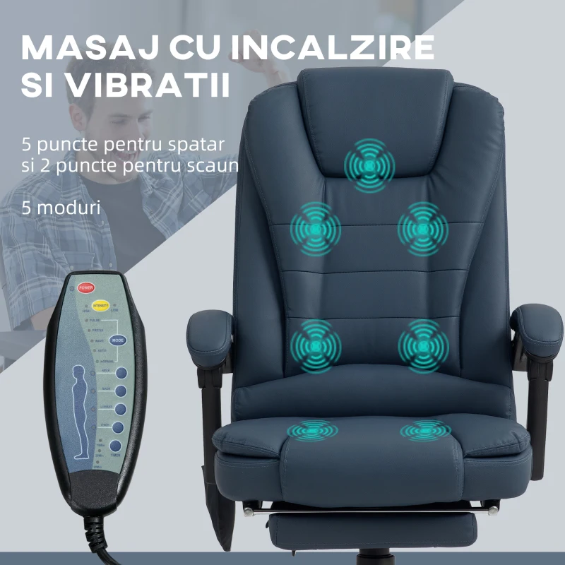 Vinsetto Fotoliu Ergonomic de Birou cu 7 Puncte de Masaj, Suport pentru Picioare și Înălțime Reglabilă, 67x67x111-121 cm, Albastru(m-4)