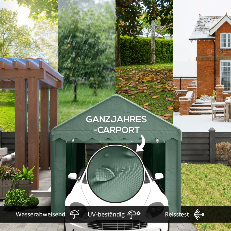 Outsunny Przenośny Carport 3x6 m, Schronienie dla pojazdów z 2 Wejściami, Dachem z Poliestru, dla Samochodów, Łodzi, Narzędzi Ogrodowych, Ciemnozielony