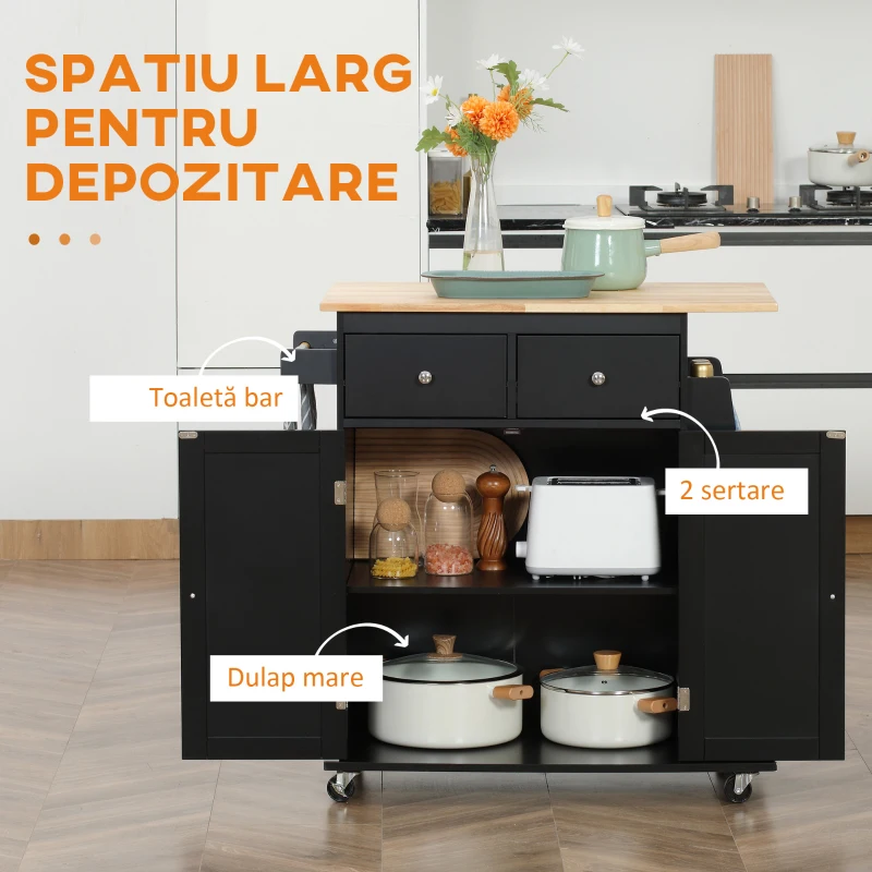 HOMCOM Insulă de Bucătărie cu Dulăpior, 2 Sertare și Suport pentru Condimente cu 3 Rafturi, 89x45x89,5 cm, Negru(m-4)