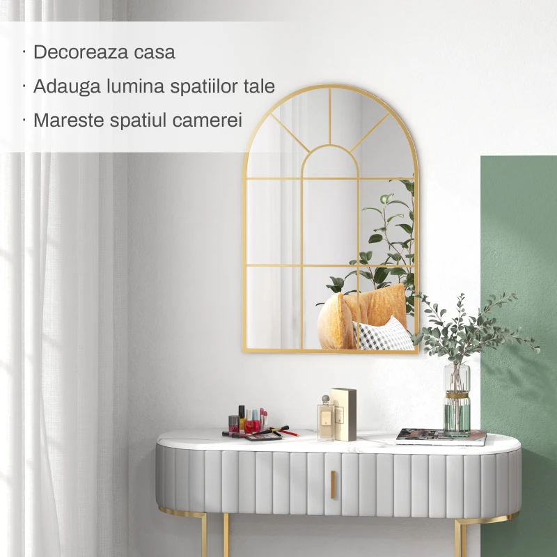HOMCOM Oglindă de Perete Modernă în Formă de Arc cu Ramă și Cârlige, pentru Sufragerie și Hol, 91x60 cm, Auriu