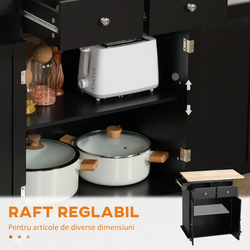 HOMCOM Insulă de Bucătărie cu Dulăpior, 2 Sertare și Suport pentru Condimente cu 3 Rafturi, 89x45x89,5 cm, Negru(m-7)