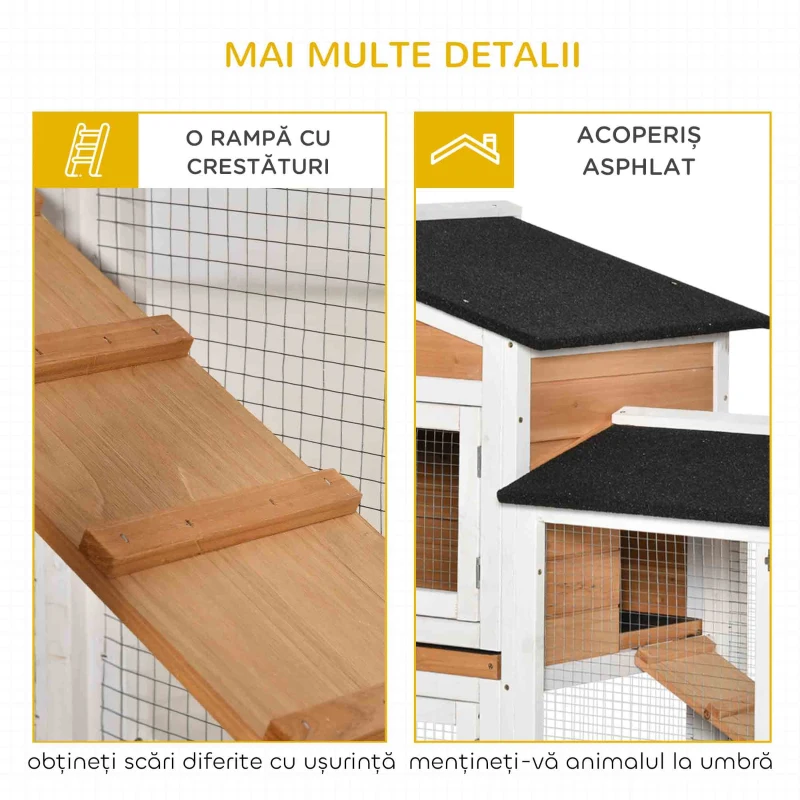 PawHut Cușcă de Exterior cu 2 Nivele, 6 Roți, Tavă Detașabilă, Rampă și Plasă Metalică, 157,4x53x99,5 cm, Galben