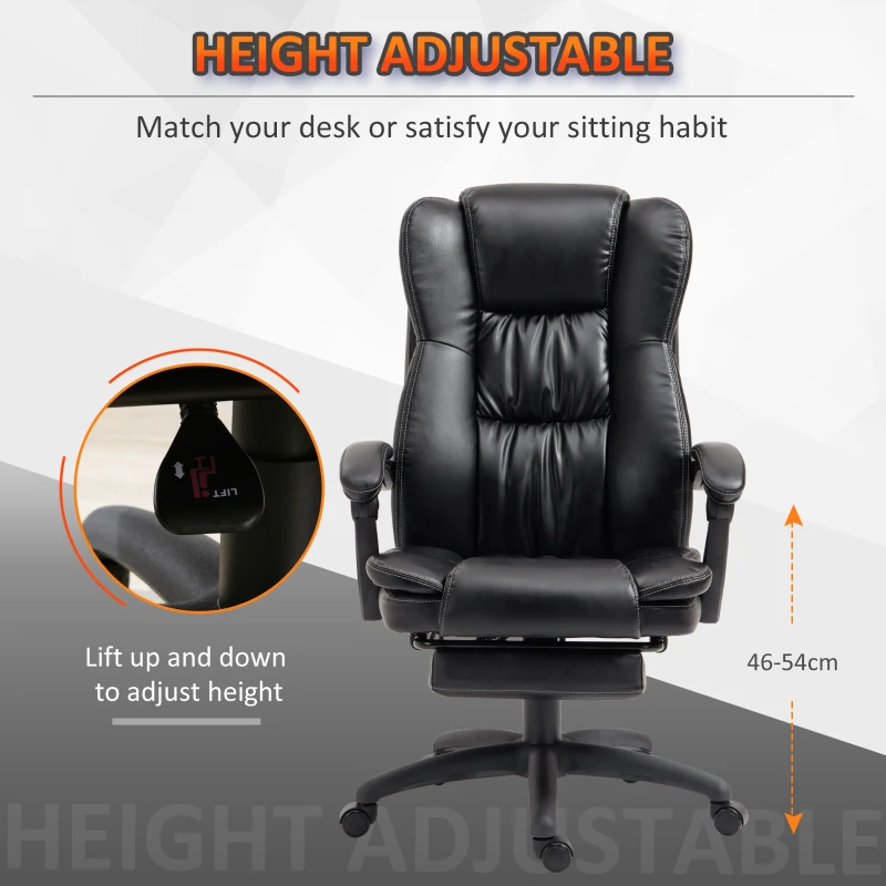 Vinsetto Fotel biurowy Z funkcją masażu Oparcie regulowane do 135° Maksymalny udźwig 120 kg 68,5 cm x 68,5 cm x 119-127 cm Sztuczna skóra Czarny(m-5)