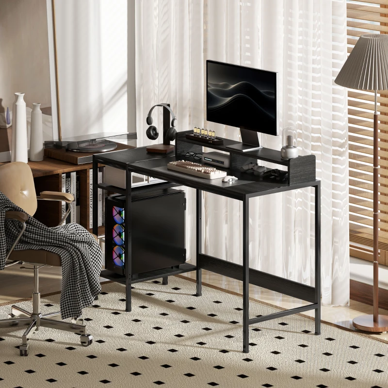 HOMCOM Birou PC cu Rafturi Reversibile, Suport pentru Monitor și 2 Rafturi Reglabile, 120x48x85,5 cm, Negru