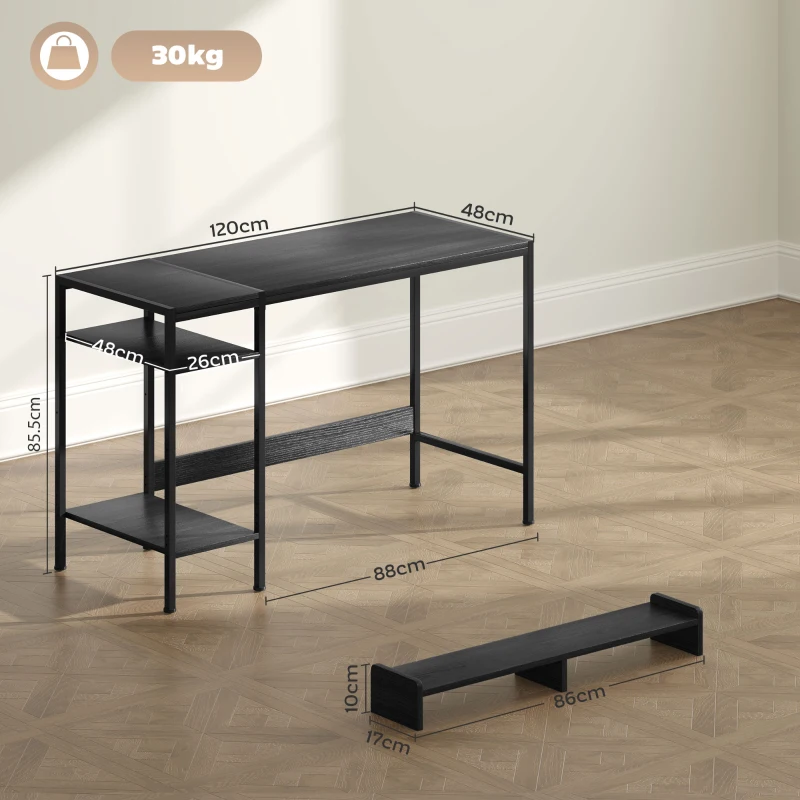 HOMCOM Birou PC cu Rafturi Reversibile, Suport pentru Monitor și 2 Rafturi Reglabile, 120x48x85,5 cm, Negru