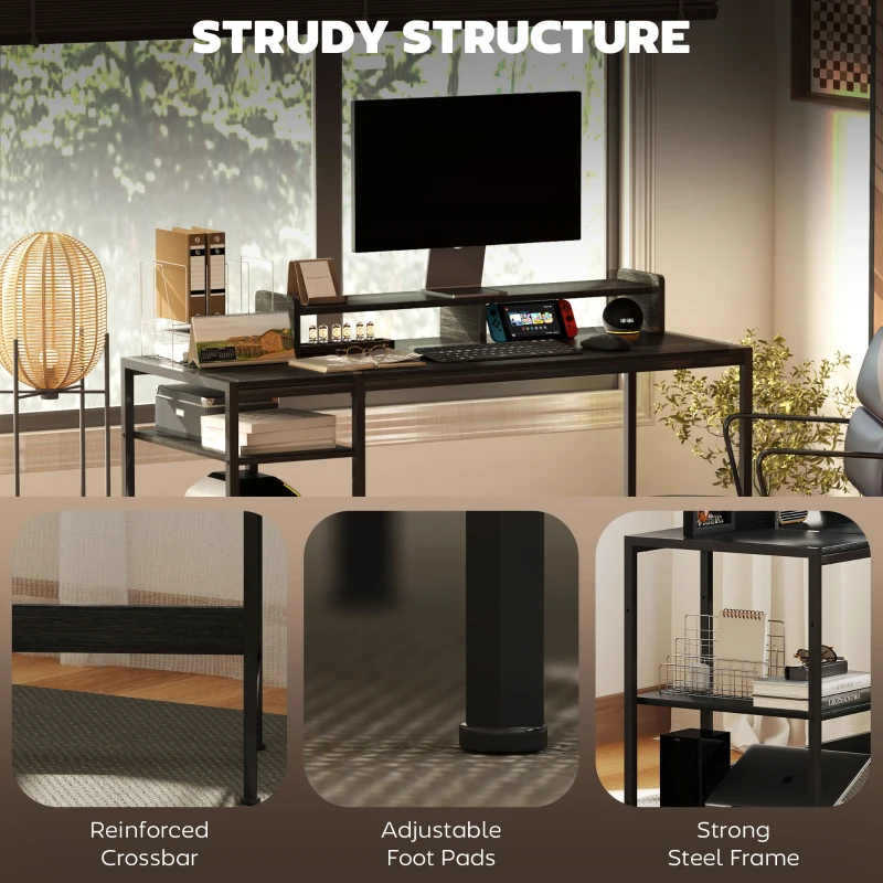HOMCOM Birou PC cu Rafturi Reversibile, Suport pentru Monitor și 2 Rafturi Reglabile, 120x48x85,5 cm, Negru