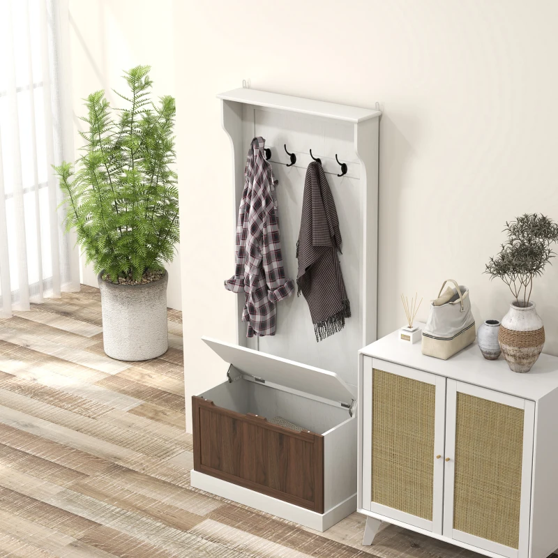 HOMCOM Cuier de Intrare 3 în 1 cu 4 Cârlige, Etajeră pentru Pantofi și Bancă Depozitare, 71,5x39,5x170 cm, Maro(m-8)