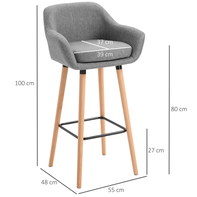 HOMCOM Linen Upholstered Set Of 2 Home Bar Stools Grey(m-3)