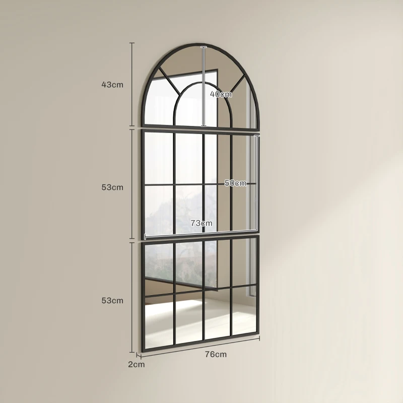 HOMCOM Oglindă de Perete Arcuită în Formă de Fereastră pentru Hol și Sufragerie cu 3 Agățători, 76x43 cm, Negru