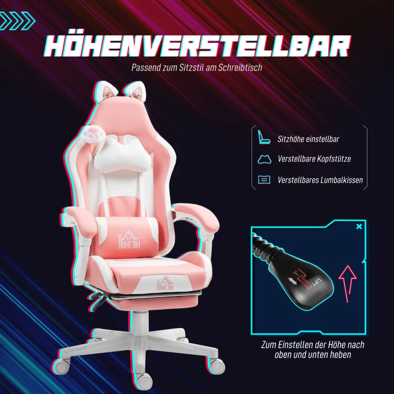 HOMCOM Gamingstoel met Kattenoren, Kantelbare Rugleuning, Uittrekbare Voetensteun, Tot 120 kg, Roze/Wit(m-5)