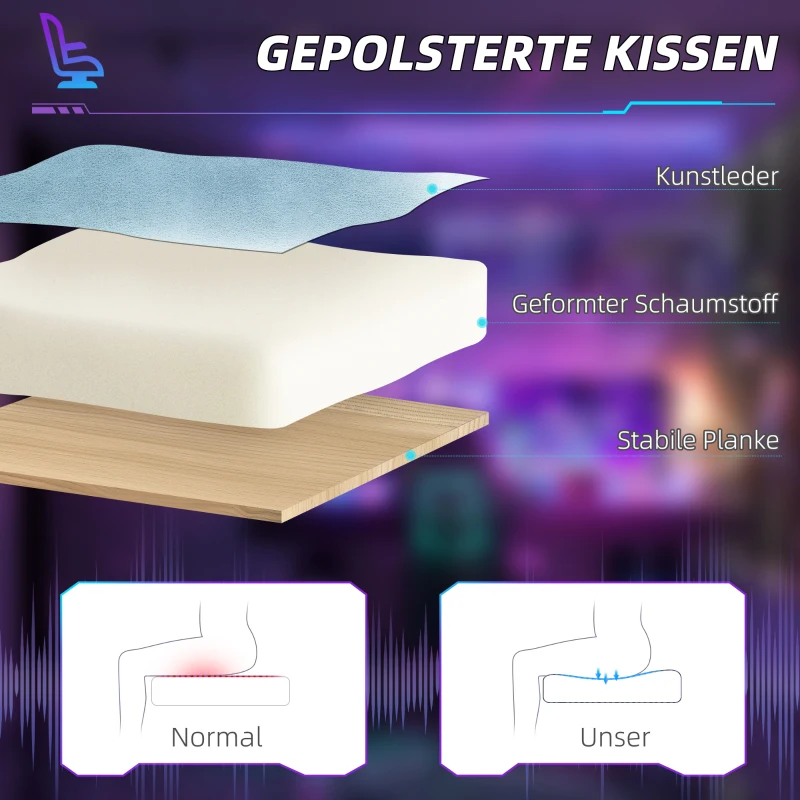 HOMCOM Gamingstoel, Verstelbare Armleuningen & Rugleuning, Kunstleren Bekleding, Tot 120 kg, Blauw