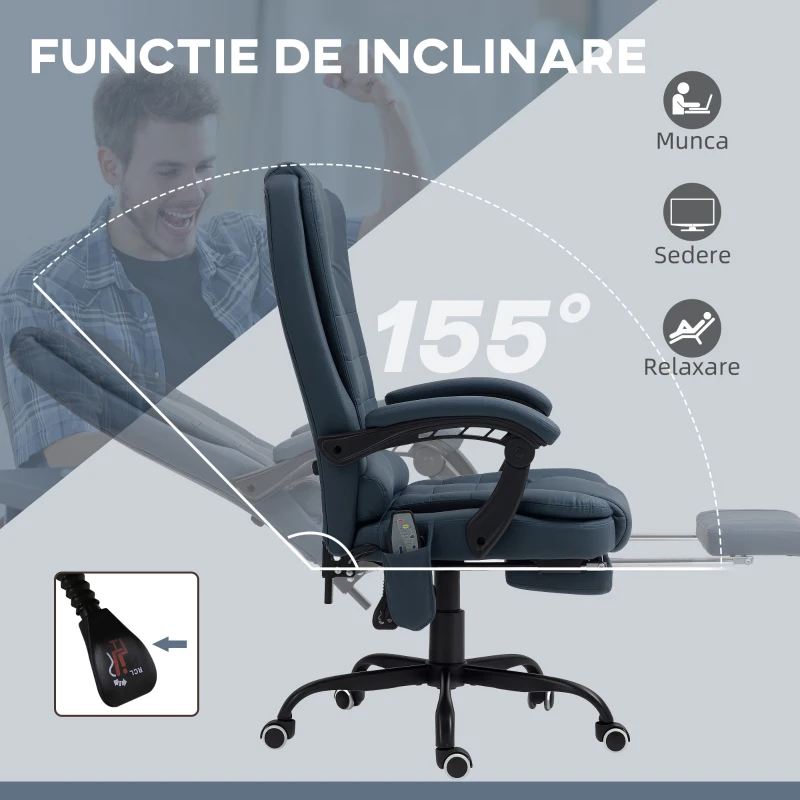 Vinsetto Fotoliu Ergonomic de Birou cu 7 Puncte de Masaj, Suport pentru Picioare și Înălțime Reglabilă, 67x67x111-121 cm, Albastru(m-5)