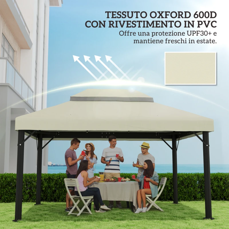Outsunny Copertura per Gazebo da Giardino 3x4 m a 2 Livelli in Tessuto Oxford 600D con Fori di Drenaggio, Bianco Crema