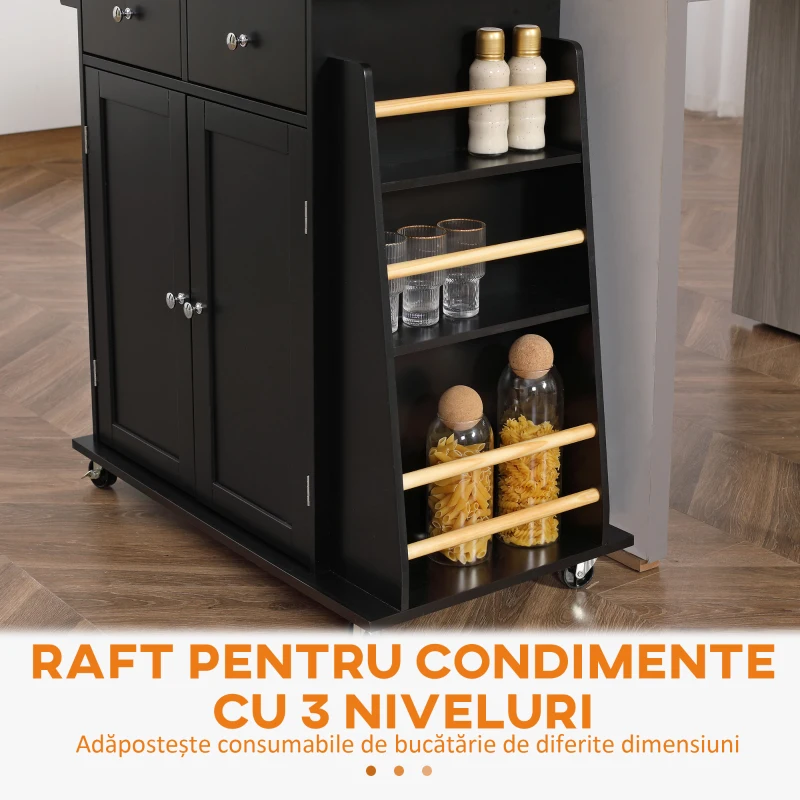 HOMCOM Insulă de Bucătărie cu Dulăpior, 2 Sertare și Suport pentru Condimente cu 3 Rafturi, 89x45x89,5 cm, Negru(m-8)