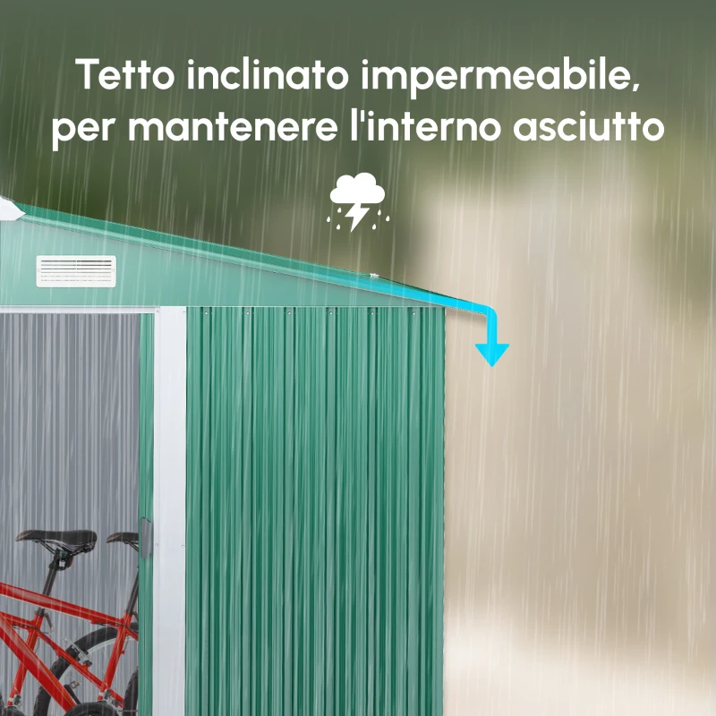 Outsunny Casetta da Giardino Porta Utensili in Lamiera di Acciaio, Capanno da Giardino in Acciaio con Base e Porte Scorrevoli, 258x206x178cm, Verde