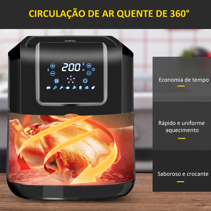 HOMCOM Fritadeira sem Óleo 6,5L 1700W Fritadeira de Ar Quente com 8 Programas Tela LED Tátil Temperatura Ajustável Temporizador e Cesta Antiaderente 36,5x29x33,8cm Preto