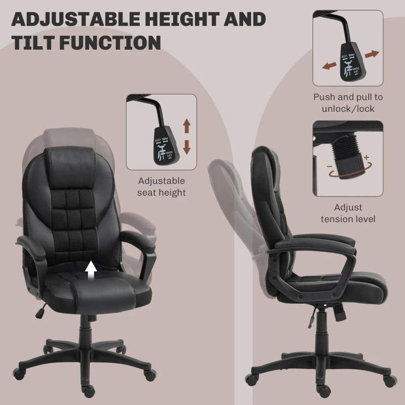 HOMCOM Office Chair, Desk Chair, with Rocking Function and 360° Swivel Seat, 65L x 69W x 110-120H cm, Black