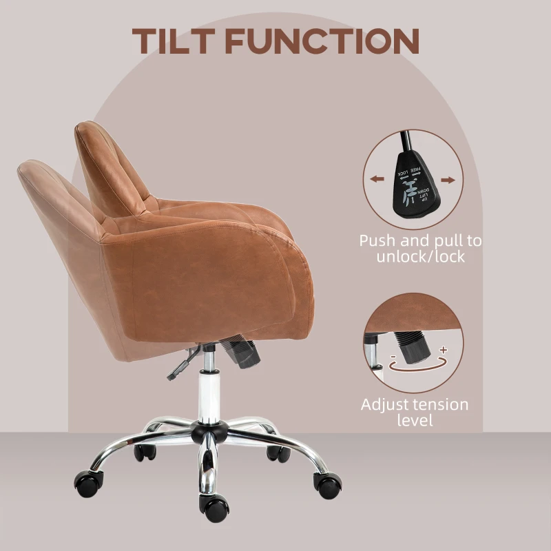HOMCOM Swivel Office Chair with Wheels, Adjustable Height, Brown Synthetic Leather