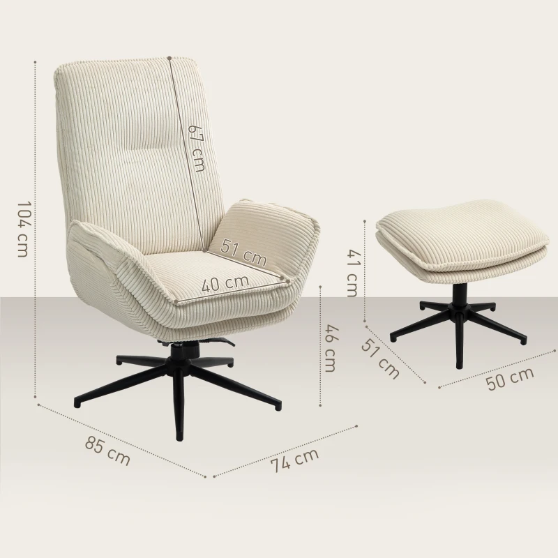 HOMCOM Draaibare Gestoffeerde Fauteuil met Voetenbank, Modern Relaxfauteuil voor Woonkamer, Slaapkamer, Thuiskantoor, Beige