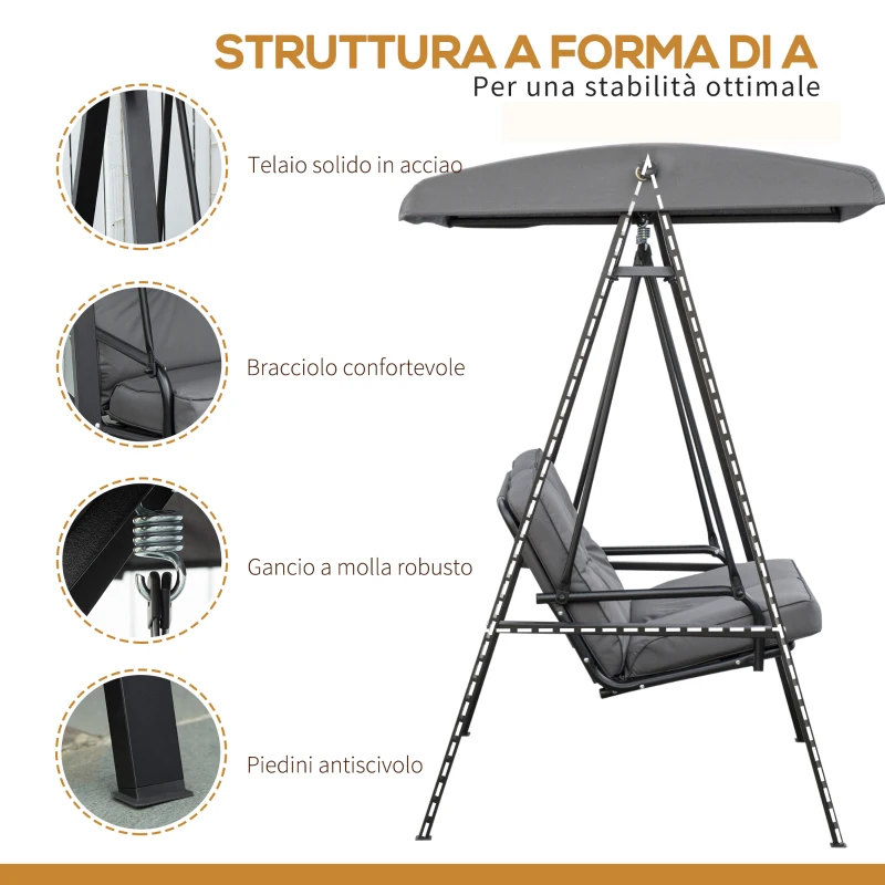 Outsunny Dondolo 2 Posti con Tettuccio Regolabile e Cuscini, in Acciaio e Poliestere, 144x117x173 cm, Grigio