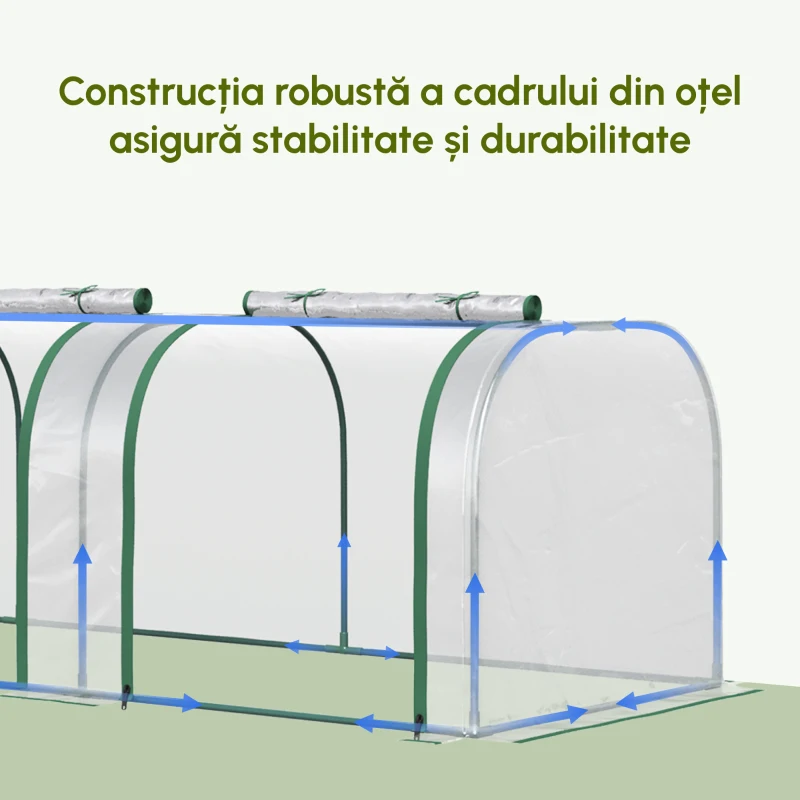 Outsunny Sera tip tunel din PVC transparent si otel, pentru plante si flori, cu usi cu fermoar, 295x100x80 cm