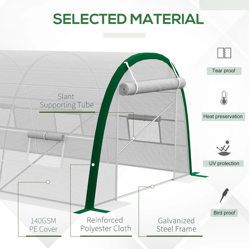 Outsunny Garden Tunnel Greenhouse 18m² 6L x 3W x 2H m - 8 Windows, Zippered Roll-Up Door, Galvanized Steel, PE Cover, White