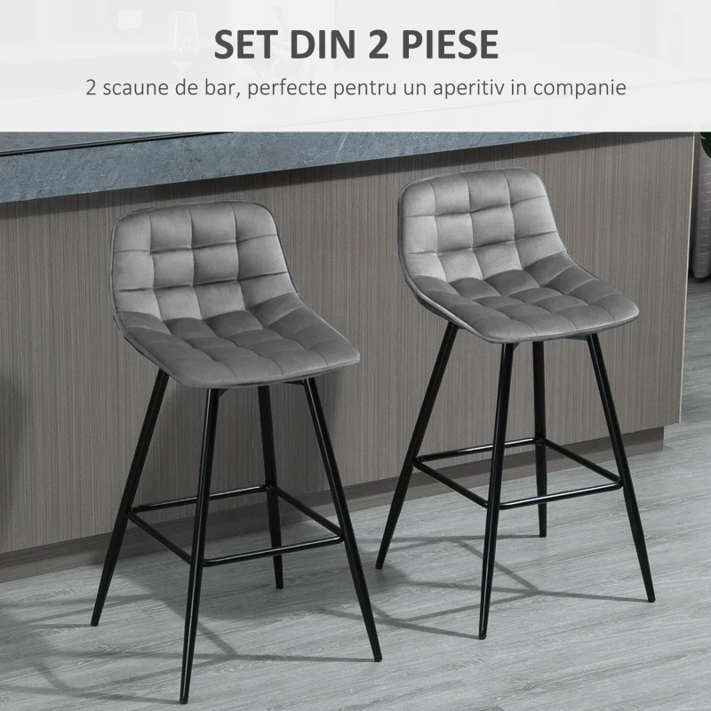 HOMCOM Set 2 Scaune Înalte în Stil Nordic cu Spătar și Suport pentru Picioare, 45x47x88 cm, Gri
