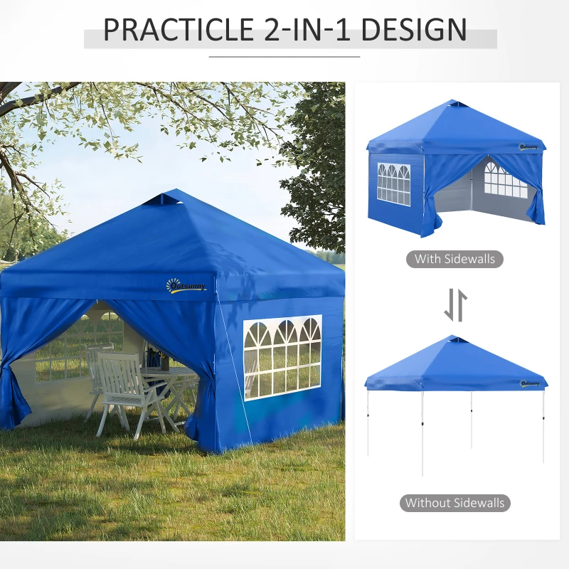 Outsunny Pavilion 3x3m Folding Pavilion 4 Side Walls with Window Door Party Tent Garden Tent Pop-Up Pavilion incl. Pegs Guy Ropes Carrying Bag Metal Oxford Blue