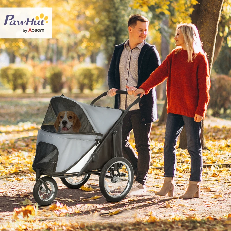 PawHut 3-Wheel Dog Stroller with Easy Fold, Storage Bag, Soft Cushion, Safety Leash, Grey