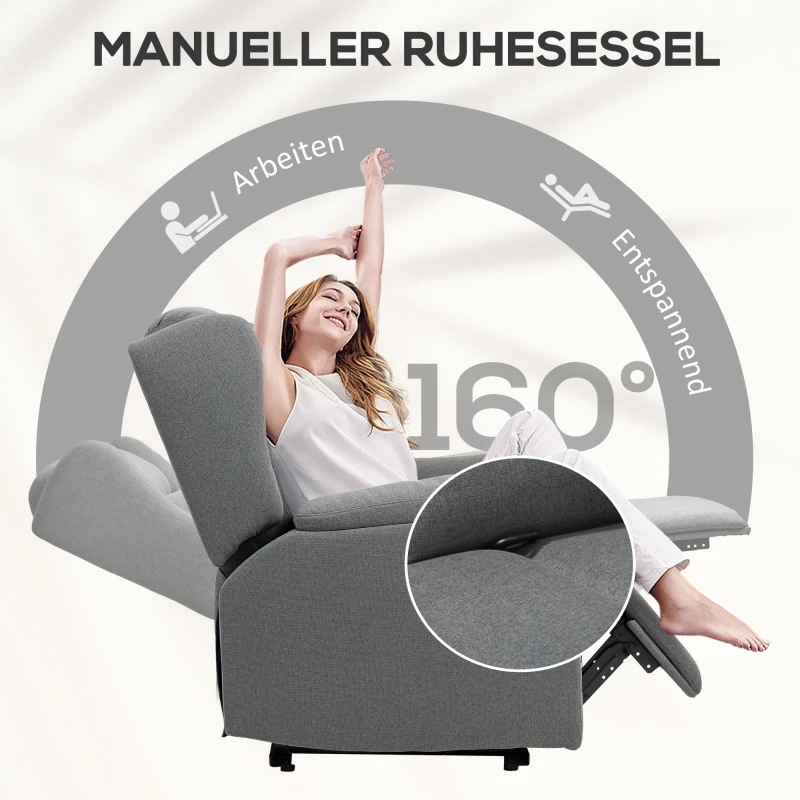 HOMCOM Relaxfauteuil, Verstelbare Gestoffeerde Fauteuil met Voetensteun, 160° Kantelbaar, Linnenlook, Snelle Montage, Donkergrijs(m-4)