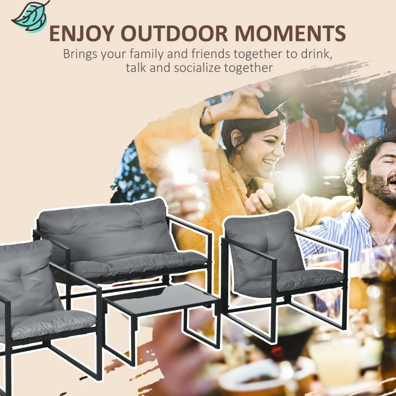 Outsunny Garden Furniture Set, 1 Glass Table, 2 Armchairs, 1 Sofa, Weather-Resistant, 114cm x 70cm x 67cm, Gray + Black