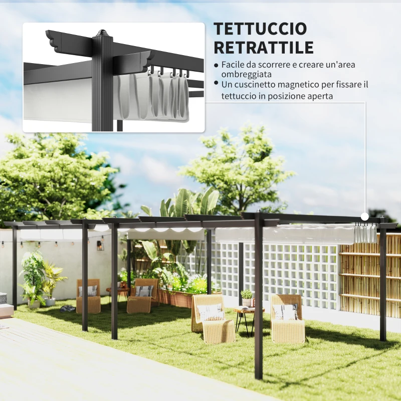 Outsunny Gazebo Pergola 4x4 m con Tettuccio Retrattile, 8 Viti e 8 Picchetti in Alluminio, Poliestere e Metallo, Bianco