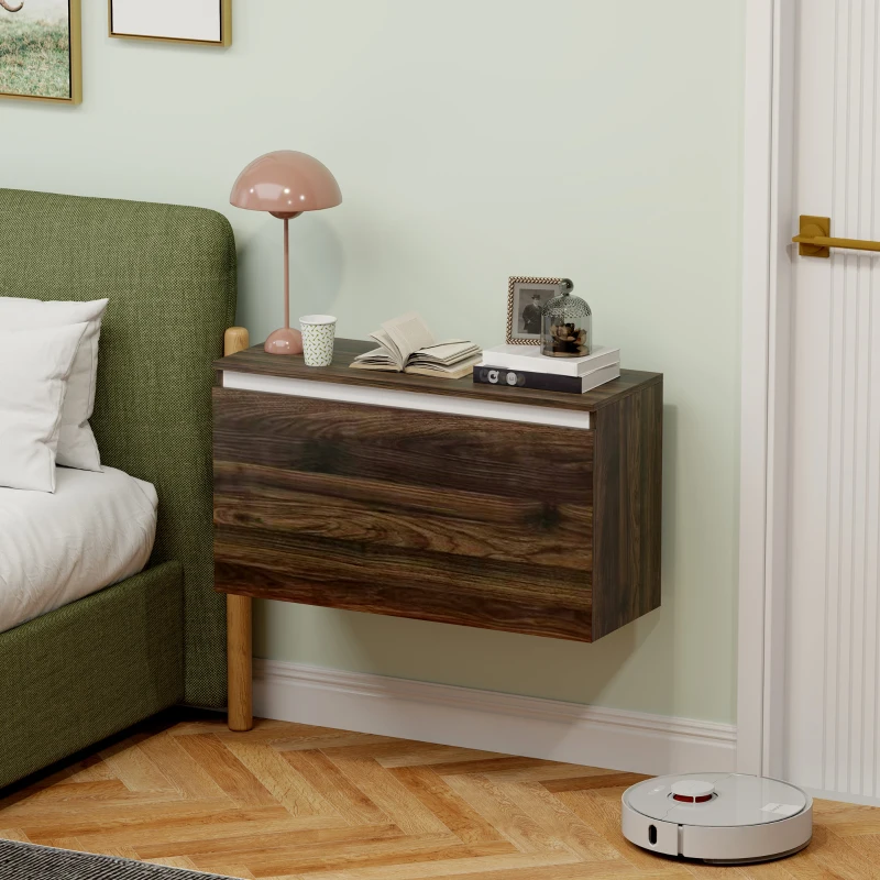 HOMCOM Comodino Sospeso con Cassetto Senza Maniglie e con Fissaggio a Parete, 80x30x45cm, Noce