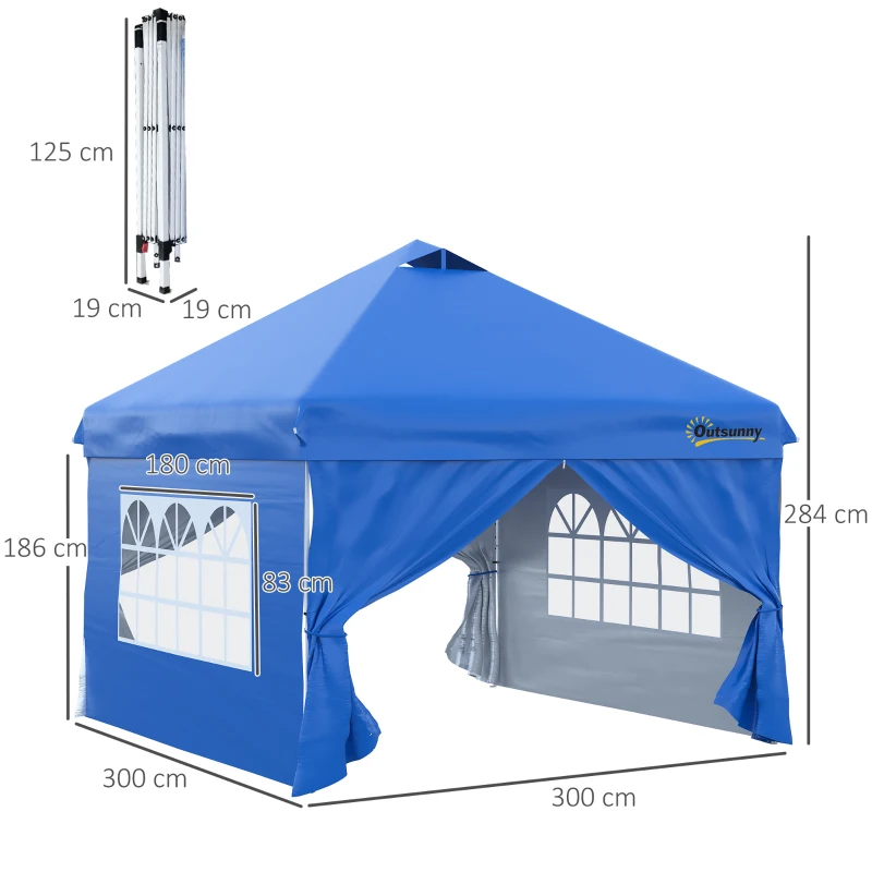 Outsunny Pavilion 3x3m Folding Pavilion 4 Side Walls with Window Door Party Tent Garden Tent Pop-Up Pavilion incl. Pegs Guy Ropes Carrying Bag Metal Oxford Blue