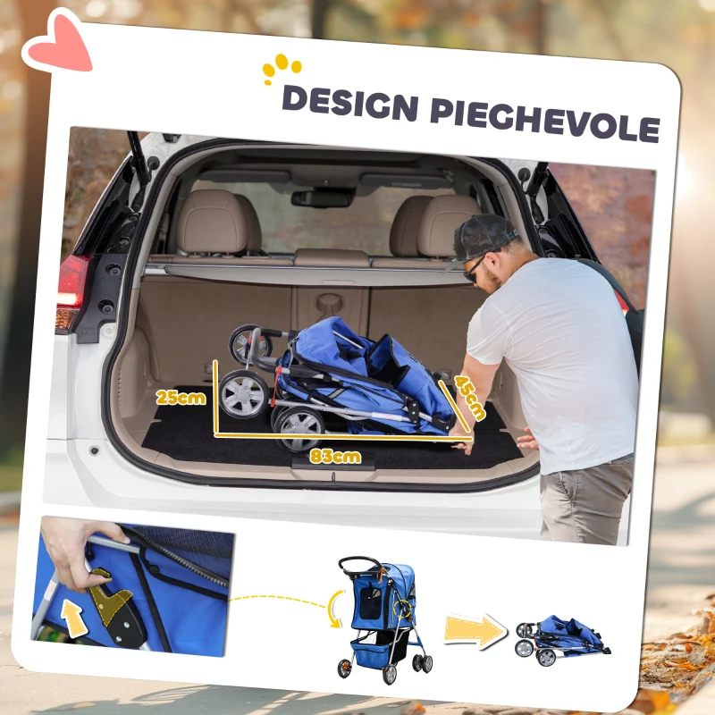 PawHut Passeggino per Cani Piccoli Pieghevole con Copertura Antipioggia, Ruote Girevoli e con Freni, Blu