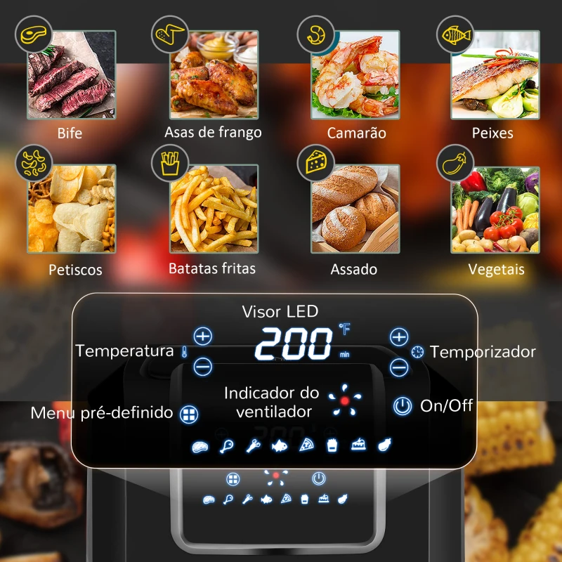 HOMCOM Fritadeira sem Óleo 6,5L 1700W Fritadeira de Ar Quente com 8 Programas Tela LED Tátil Temperatura Ajustável Temporizador e Cesta Antiaderente 36,5x29x33,8cm Preto